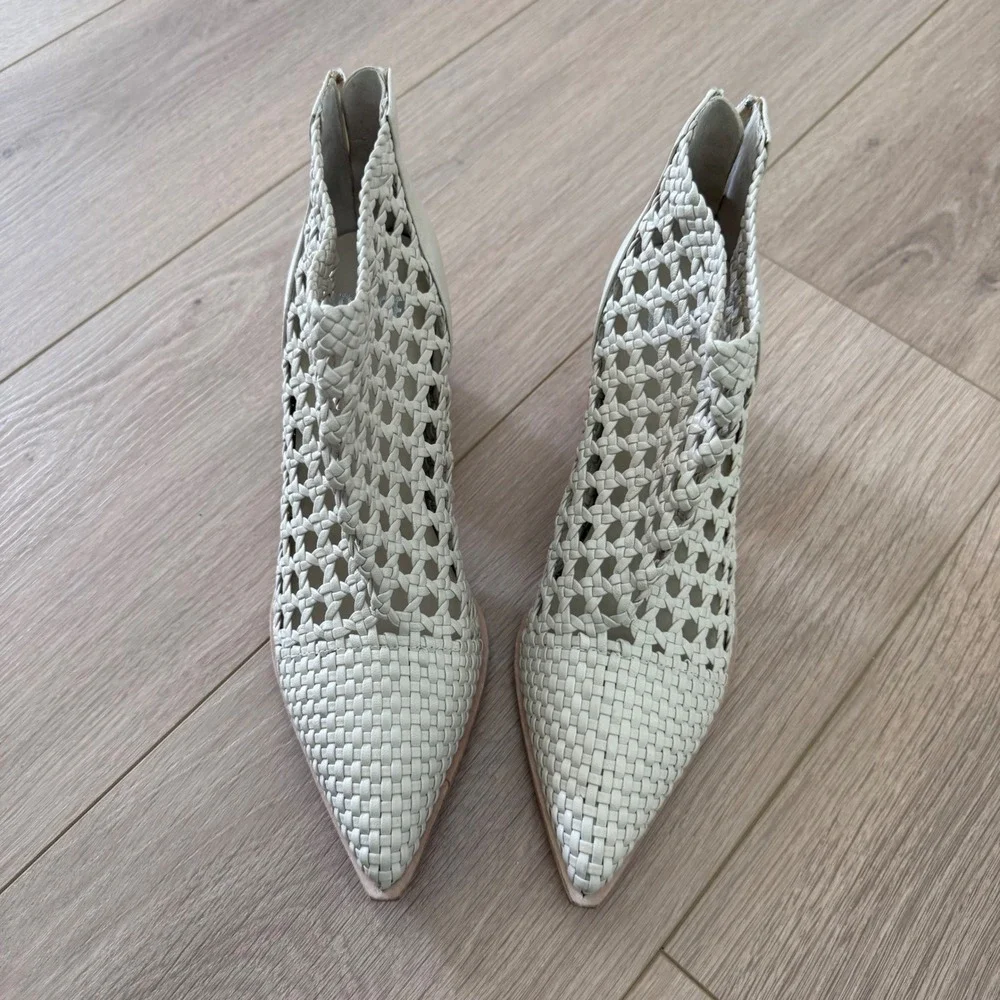 Woven Leather Pointed Toe Ankle Boots Cream‎ Block Heel Back Zip Size 7.5